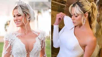 Montagem de fotos de Mariana Polastreli usando os dois vestidos no casamento com Eduardo Costa - Foto: Reprodução/Instagram @giullianooliva