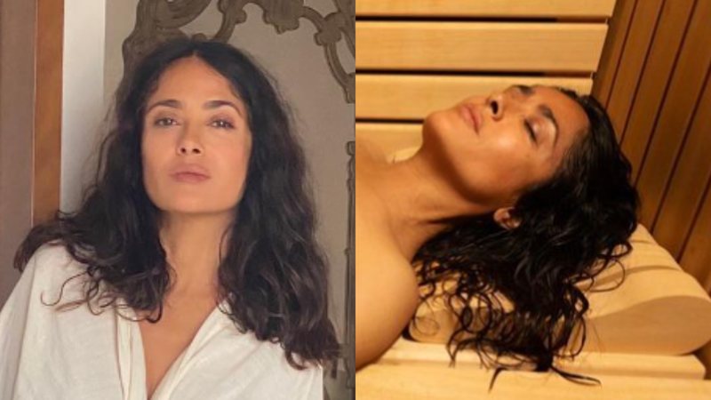 Atriz Salma Hayek arranca enxurrada de elogios criativos dos seguidores ao posar somente de toalha em sauna - Foto: Reprodução / Instagram