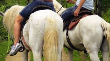 Galope no fim da tarde nos cavalos brancos já usados em cortejo de casamento realizado na pousada.
