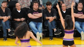 Ashton Kutcher e Jack Black acompanhados por Jeffrey Katzenberg no jogo dos Lakers contra os Nets, em Los Angeles - GrosbyGroup