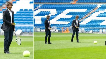 De terno e sapato, Rafael Nadal joga tênis no campo do Real Madrid - Reprodução/Getty Images