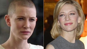 Cate Blanchett careca em 2002 para o filme 'Paraíso' e atualmente, com suas madeixas loiras - Divulgação; Getty Images