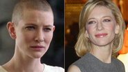Cate Blanchett careca em 2002 para o filme 'Paraíso' e atualmente, com suas madeixas loiras - Divulgação; Getty Images
