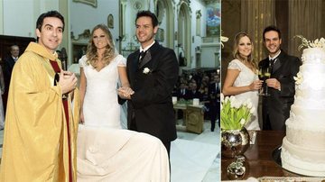O padre Fábio realiza o casamento de Vivian e Vinicius, seus amigos, na Catedral de Taubaté, em SP. Na festa, os noivos erguem brinde à união. - Samuel Chaves