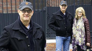 Simpático, ator Tom Hanks sorri para fotógrafos durante passeio por Nova York - Splash News splashnews.com