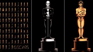 O pôster do Oscar 2013 e as estatuetas estilizadas de 'O Artista', vencedor do prêmio de Melhor Filme em 2012, e de 'Asas', premiado na primeira edição da cerimônia, em 1929 - Reprodução/Oscar.com