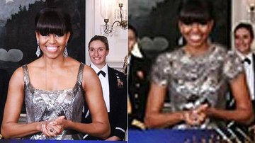 Michelle Obama com o vestido original e a foto alterada pela agência iraniana - Getty Images