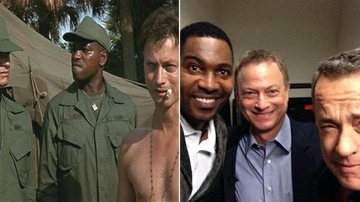 Tom Hanks e seus companheiros Gary Sinise e Mykelti Williamson, em cena de Forrest Gump e 20 anos depois - Reprodução / Twitter