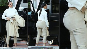 Kim Kardashian dá lição fashion: calça de cintura baixa aumenta o quadril. Evite - Foto-montagem