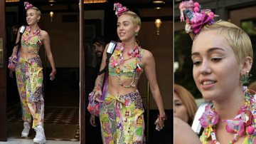 Com figurino Carmen Miranda, Miley Cyrus sobe na passarela da NYFW - Foto-montagem