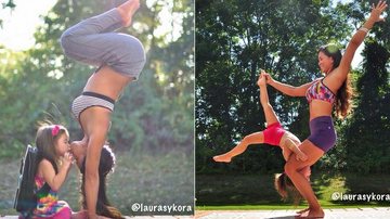 Mãe e filha fazem ioga juntas - Foto-montagem