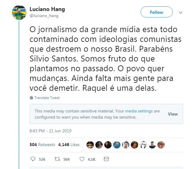 Tweet em que Luciano Hang 'insinua' demissão de Rachel Sheherazade. (Foto: Reprodução/ caras.uol.com.br)