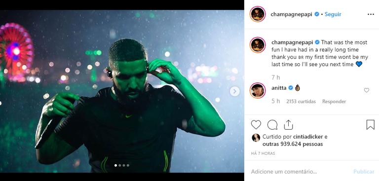 Anitta comenta foto de Drake no Instagram