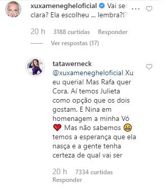 Xuxa Meneghel perguntando o nome da filha de Tatá Werneck