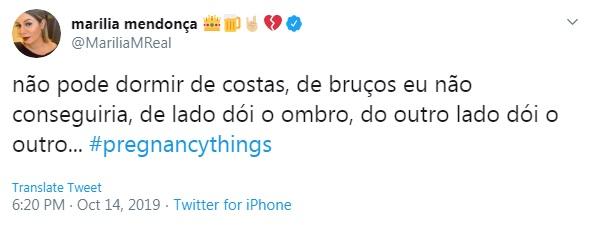 Marilia Mendonça desabafando no Twitter sobre problemas para dormir por conta da gravidez
