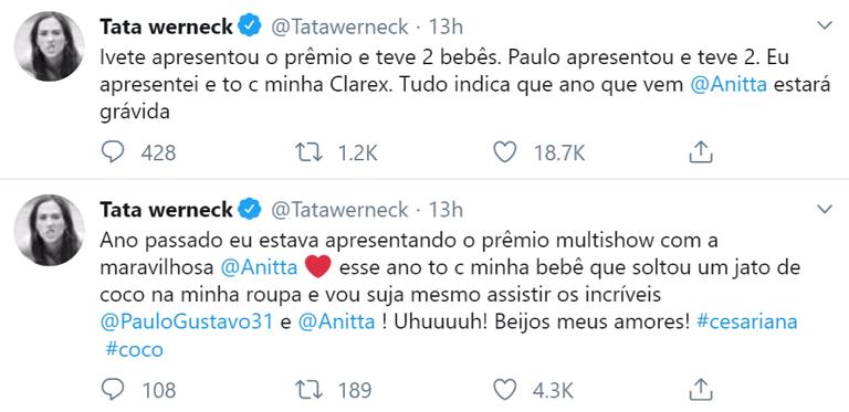 Tatá Werneck sugere gravidez de Anitta no Twitter