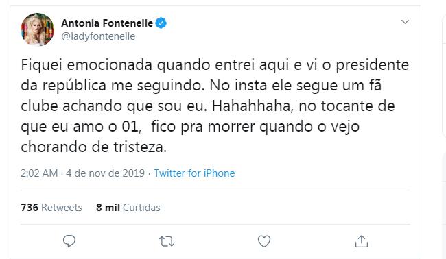 Antonia Fontenelle celebra amizade com presidente Bolsonaro