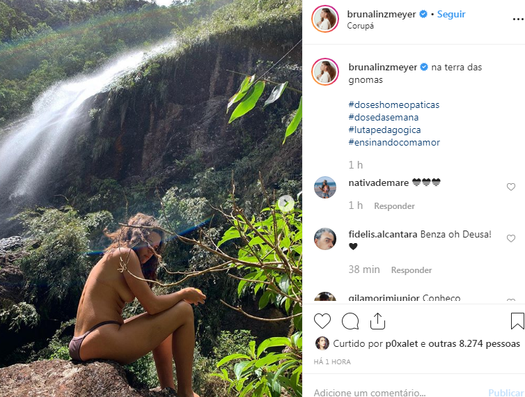 Bruna Linzmeyer posta foto fazendo topless na cachoeira