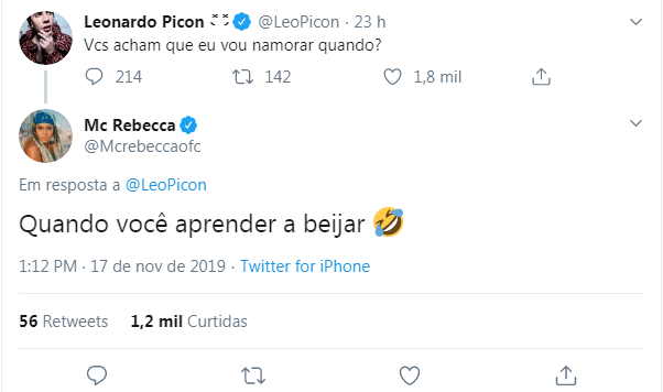 Tweet de Leo Picon e resposta de MC Rebecca