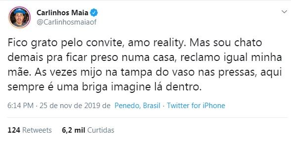 Carlinhos Maia nega convite para o Big Brother Brasil 20