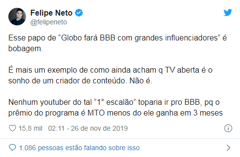 Tweet de Felipe Neto