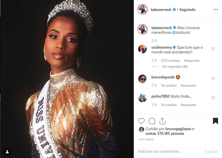 Tatá Werneck elogia Miss África do Sul, ganhadora do Miss Universo 2019