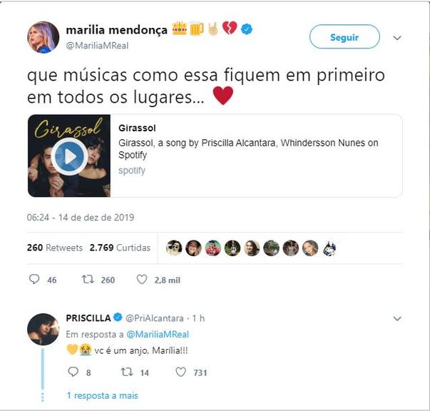 A cantora Marilia Mendonça usou suas redes sociais para elogiar música de Windersson Nunes e Priscilla Alcantara e cantora responde