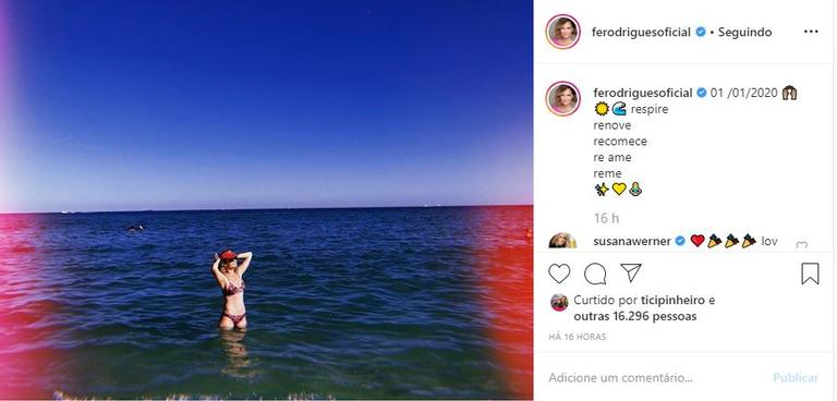 Fernanda Rodrigues mergulhou no mar no primeiro dia do ano e compartilhou momento com seus seguidores