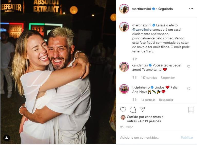 Vinicius Martinez revela querer ter mais filhos com Carol Dantas em declaração nas redes sociais e ela responde 