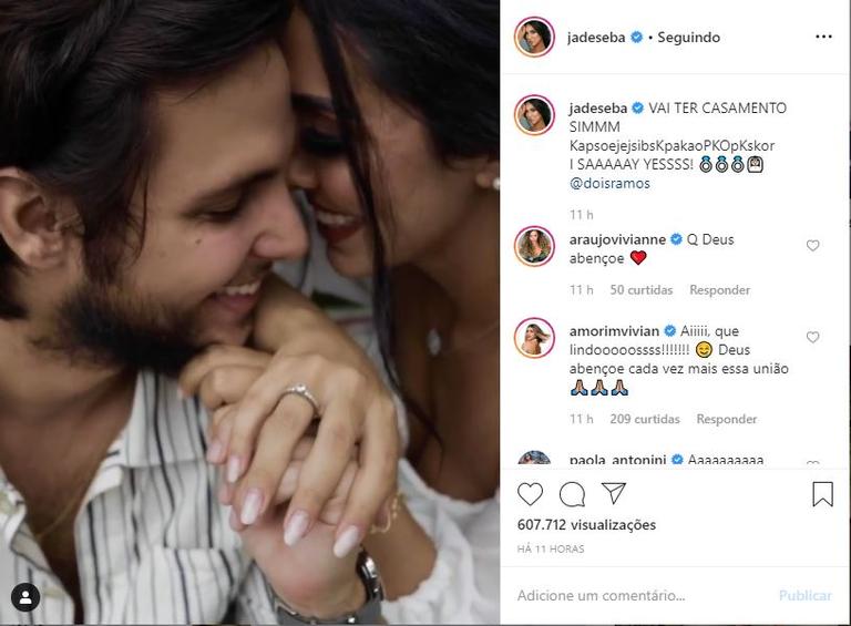 A influencer Jade Seba anunciou o noivado com o ator Bruno Guedes com um lindo vídeo postado em suas redes sociais