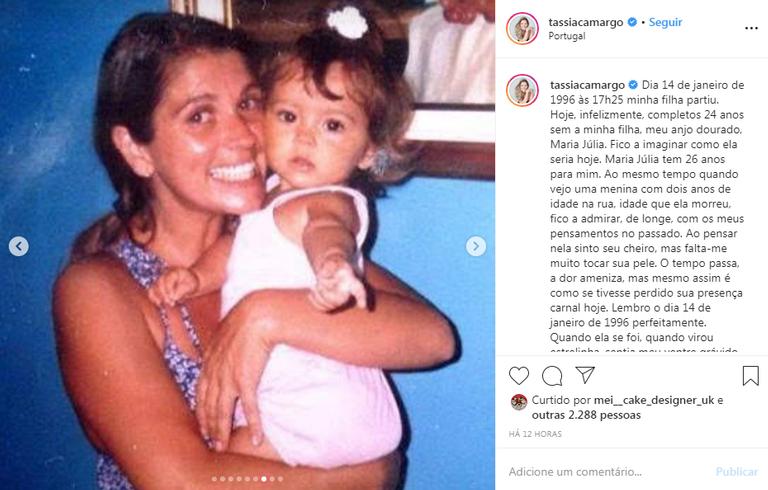 Tássia Camargo relembra morte da filha e emociona os fãs