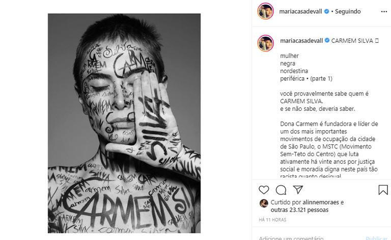 Maria Casadevall retorna ao Instagram com homenagem a líder de movimento