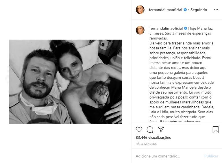 Fernanda Lima celebra o terceiro mês da filha caçula, Maria