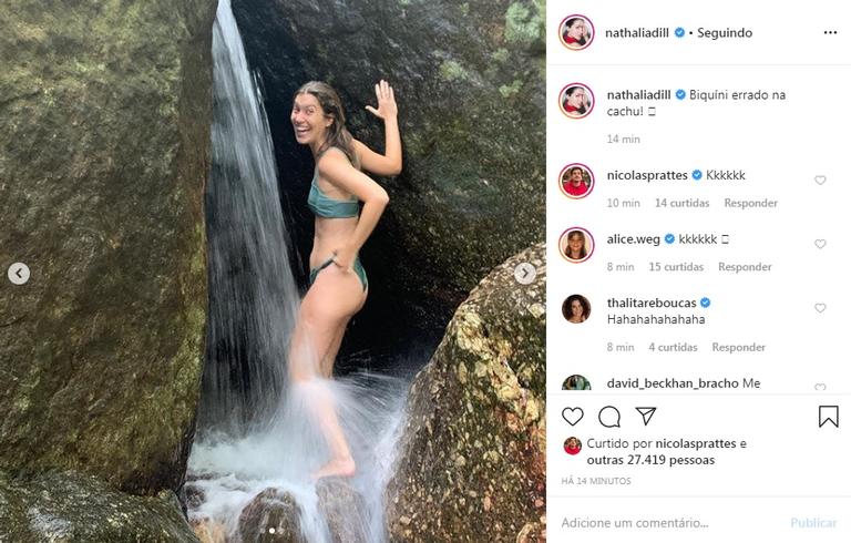 Nathalia Dill aparece em cachoeira e faz brincadeira com fãs