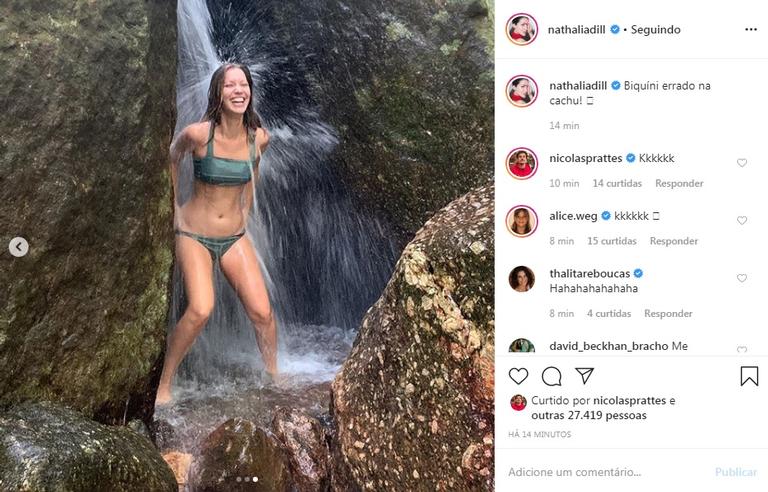 Nathalia Dill aparece em cachoeira e faz brincadeira com fãs