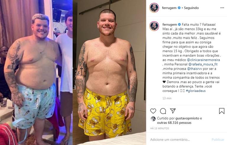 Ferrugem perde 33 kg e compartilha clique do antes e depois