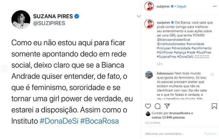 Suzana Pires critica Bianca Andrade e fala de feminismo