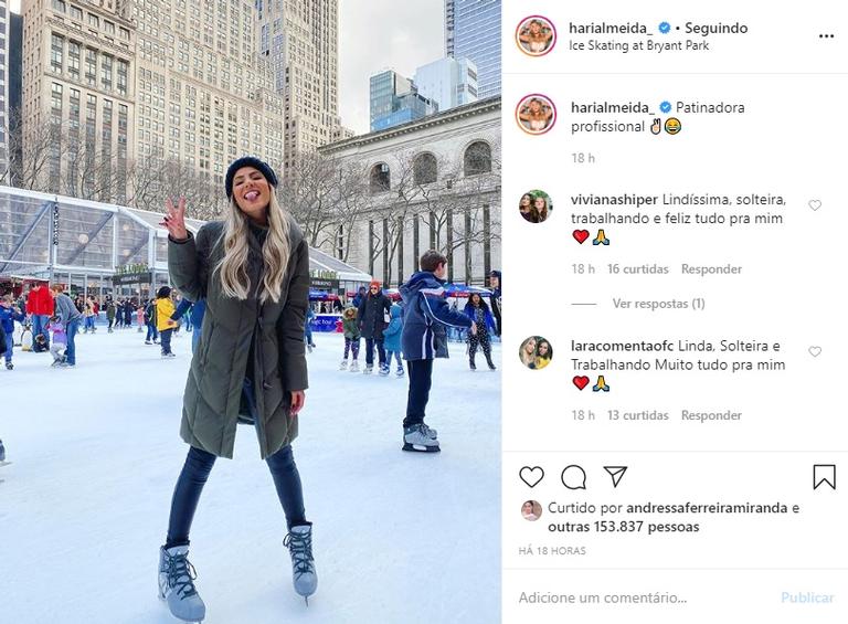 Em Nova Iorque, Hariany Almeida aprende a patinar no gelo