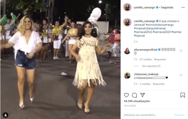 Camilla Camargo publicou um vídeo de 2016, relembrando o desfile da Imperatriz Leopoldinense, onde ela e a irmã desfilaram 