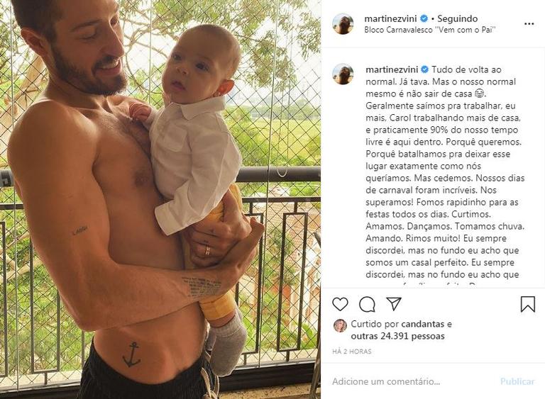 Usando suas redes sociais, Vinicius Martinez se declarou para a família em linda foto ao lado do filho, Valentin 