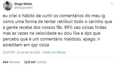 Diogo Melim fala sobre curtida em comentário para Bianca Andrade