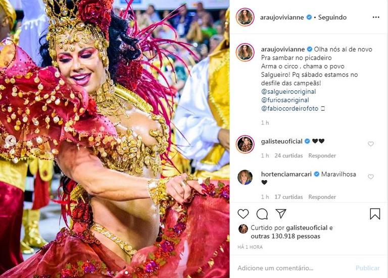 Usando suas redes sociais, Viviane Araújo comemorou a colocação da Salgueiro no Carnaval e lembrou que estará no desfile das campeãs 