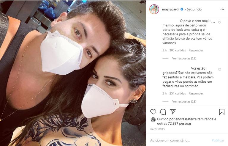 Mayra Cardi e marido posam de máscara e são criticados