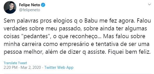 Felipe Neto agradece elogios de Babu