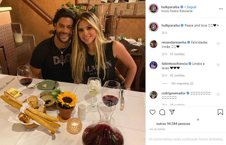 Hulk Paraíba mostra jantar romântico ao lado da namorada