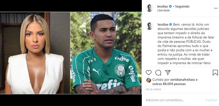 Leo Dias alfineta namoro de Munik Nunes com jogador do Palmeiras: ''Cuidado''