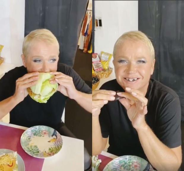 Xuxa se delicia com hambúrguer vegano e diverte a web