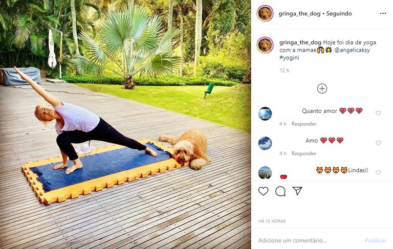 Angélica fazendo yoga com sua cachorrinha