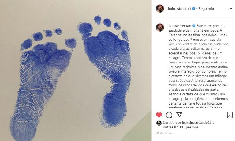 Eduardo Kobra emociona a web ao anunciar a morte da filha horas após o nascimento