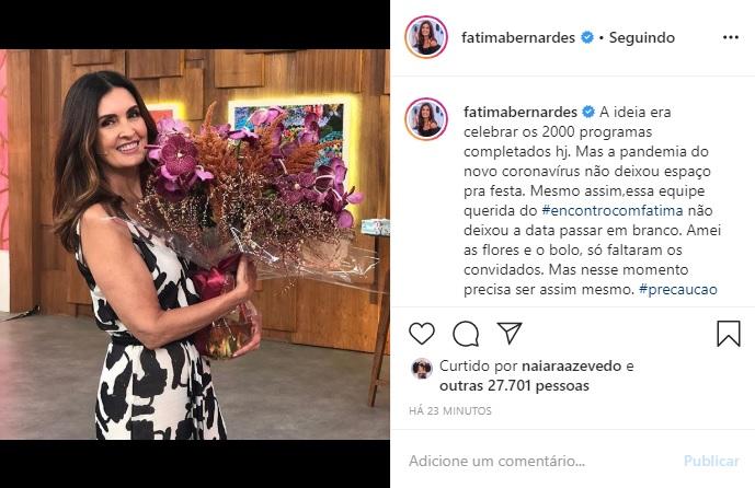 Fátima Bernardes celebra nova conquista de seu programa